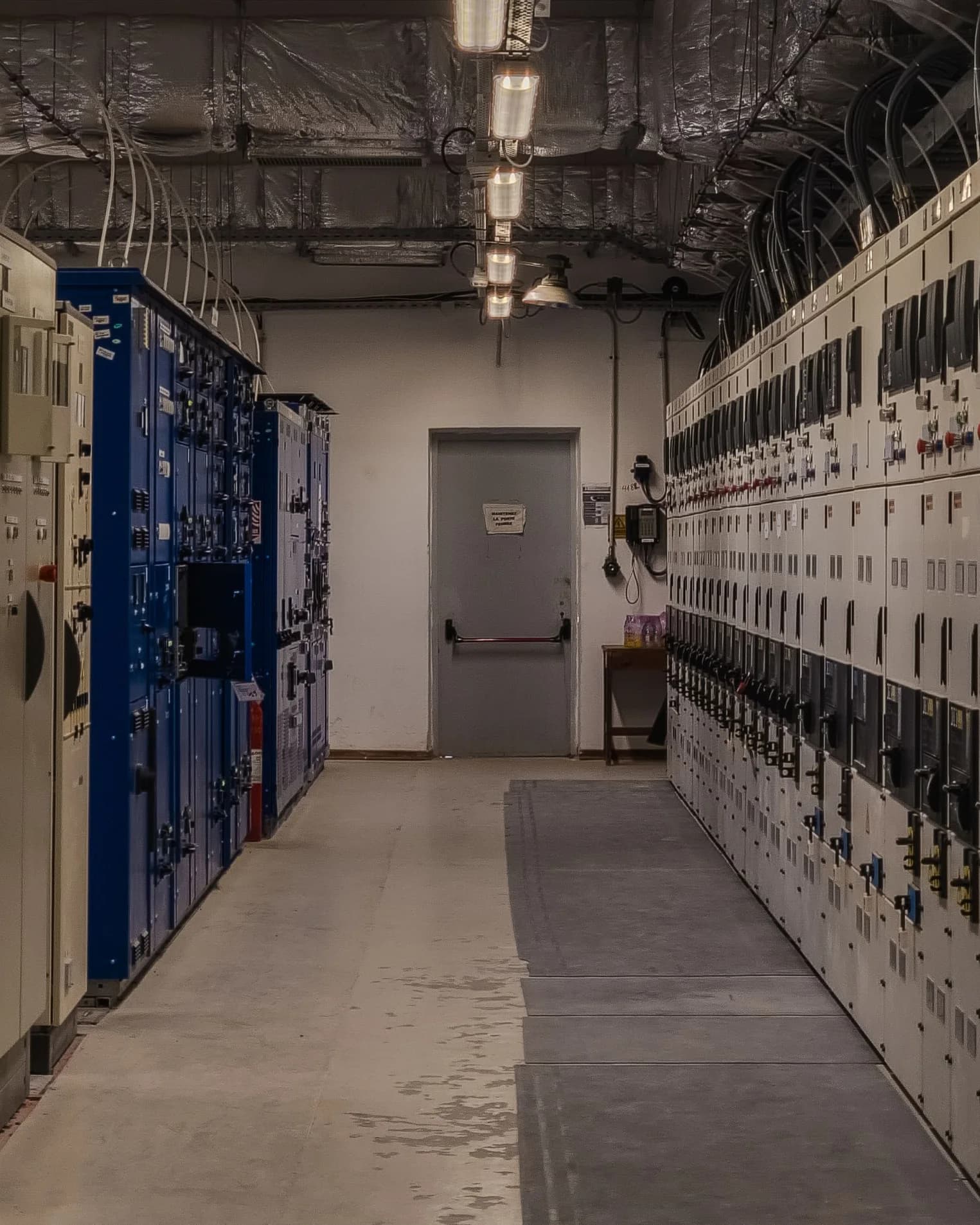 Armoires électriques alignées dans un local technique